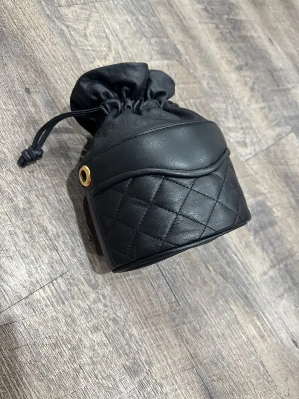 Black Quilted Drawstring Cosmetic Pouch